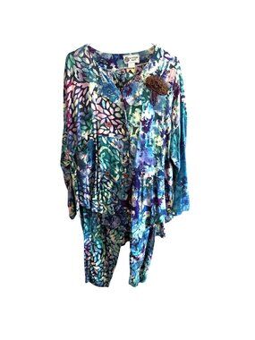 VTG Winter Sun Tunic Pants Set Batik Print Purple Teal Size Medium 90s w/ Brooch